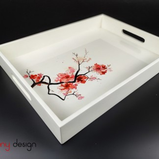 White rectangle lacquer tray hand-painted with peach blossom 28*38 cm